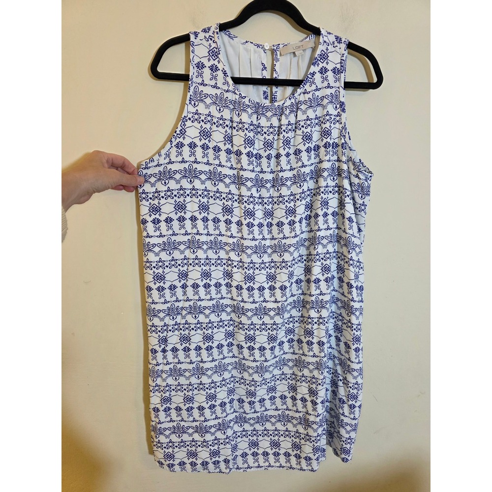 Loft Blue/White Geometric Medallion Sleeveless Shift Dress Womens Lrg Round Neck